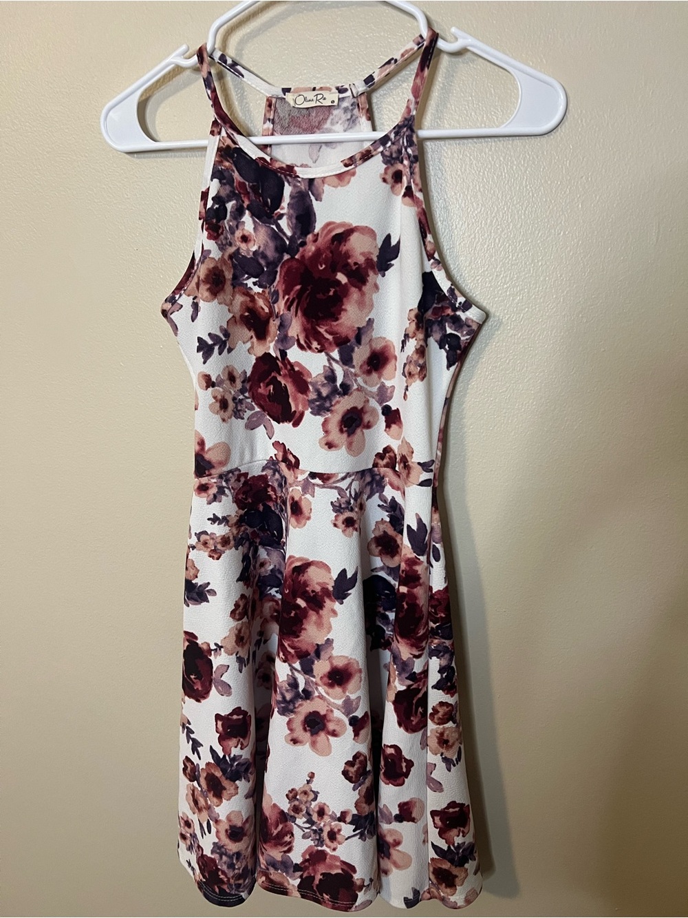 Olivia Rae White And Burgundy Floral Halter Neck Dress